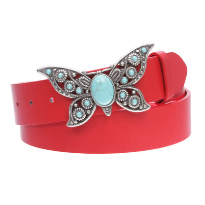 Women's Casual Jean Belt with Perforated Turquoise Stone Butterfly Belt Buckle