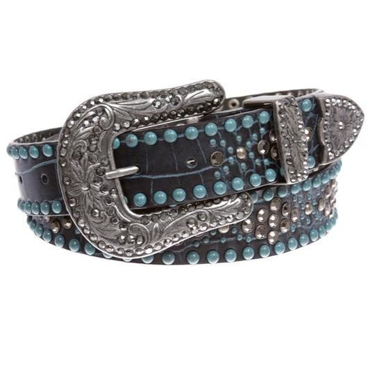 Western Croco Print Rhinestone & Turquoise Studded Leather Belt