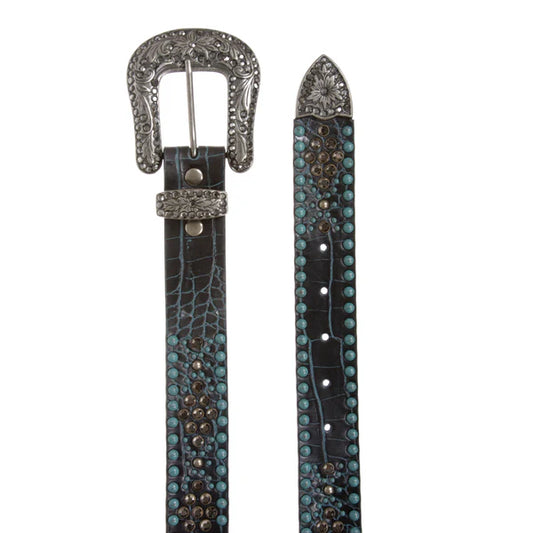 Western Croco Print Rhinestone & Turquoise Studded Leather Belt