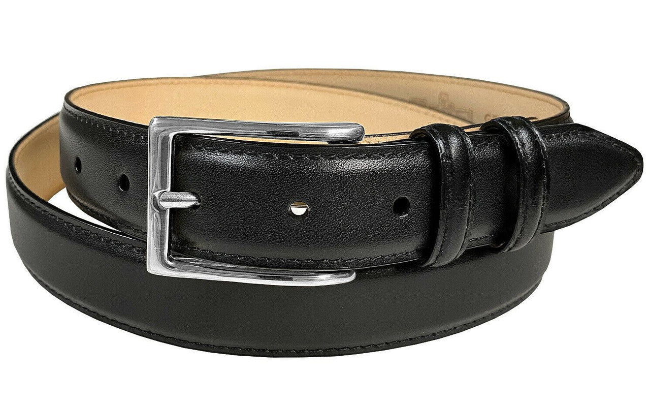 Silver Adam Solid Brass Buckle Italian Calfskin Genuine Leather Dress Belt 1-1/8"(30mm) Wide