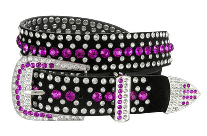 Rhinestone Belt Fashion Western Bling Crystal Studded Design Suede Leather Belt 1-3/8"(35mm) Wide