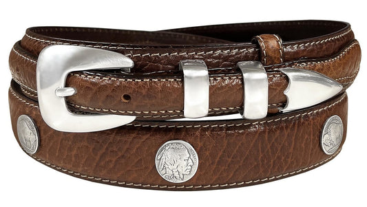 Buffalo Indian Head Coin Conchos Western Leather Ranger Belt - Genuine Cowhide with Antique Silver Buckle
