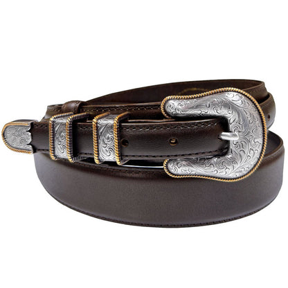 Western Ranger Belt Antique Gold Engraved Buckle Set Oil Tanned Genuine Cowhide Leather Belt