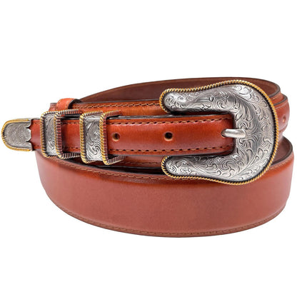 Western Ranger Belt Antique Gold Engraved Buckle Set Oil Tanned Genuine Cowhide Leather Belt