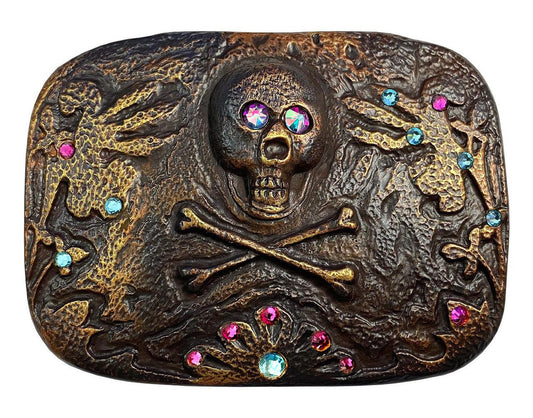 Rhinestone Unique Buckle Vintage Rustic Copper Skull Engraved Buckle Fits 1-1/2"(38mm) Belt (Crystal AB - Fuchsia - Lt Turquoise)