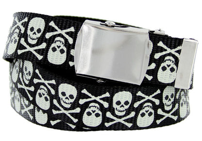 BF6273 Black Canvas Military Web Punk Belt 1-1/4"(32mm) Wide- White Skull