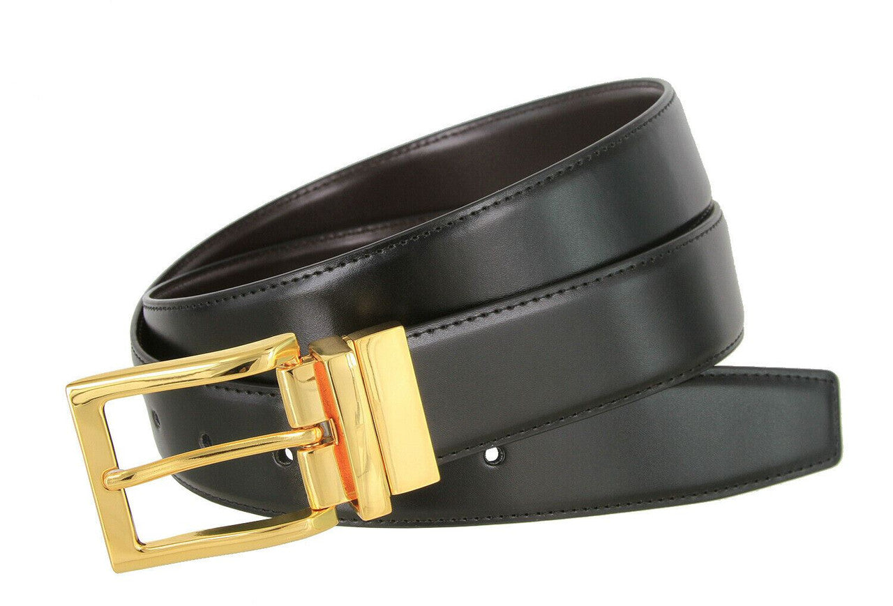 Men's Reversible Belt Gold Buckle Genuine Leather Dress Casual Belt 1-3/8"(35mm) Wide