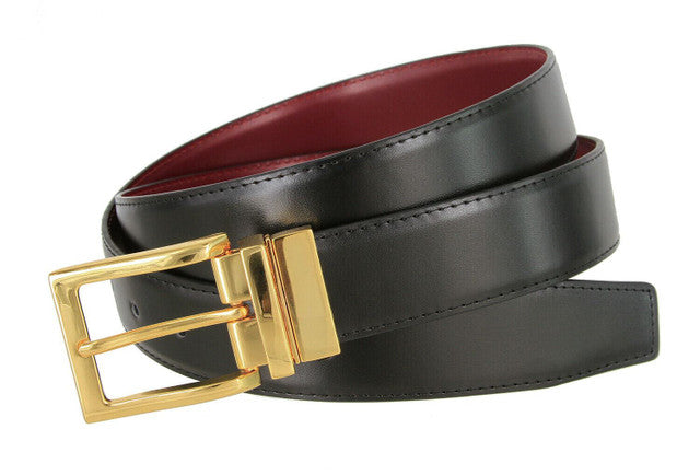 Men's Reversible Belt Gold Buckle Genuine Leather Dress Casual Belt 1-3/8"(35mm) Wide