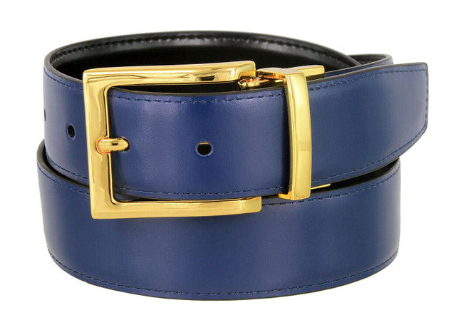 Men's Reversible Belt Gold Buckle Genuine Leather Dress Casual Belt 1-3/8"(35mm) Wide