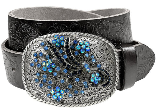 Genuine Full Grain Western Floral Engraved Tooled Leather Rhinestone Buckle Belt 1-1/2"(38mm) Wide