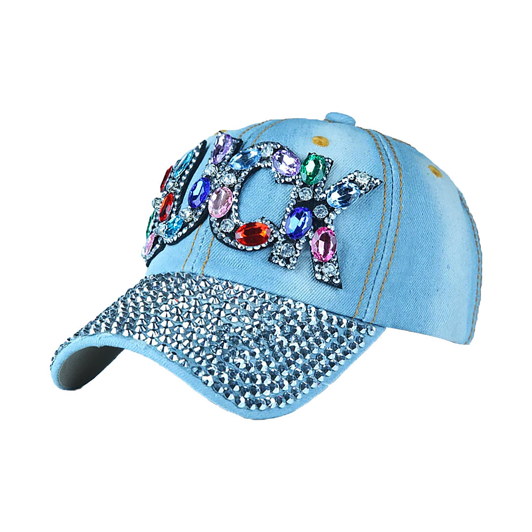 Women's Casual Denim Luck Letter Rhinestone Cap