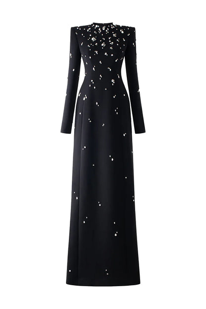 Rhinestone Diamond Beaded Maxi Dress - Stone Embellished Long Sleeve Dress
