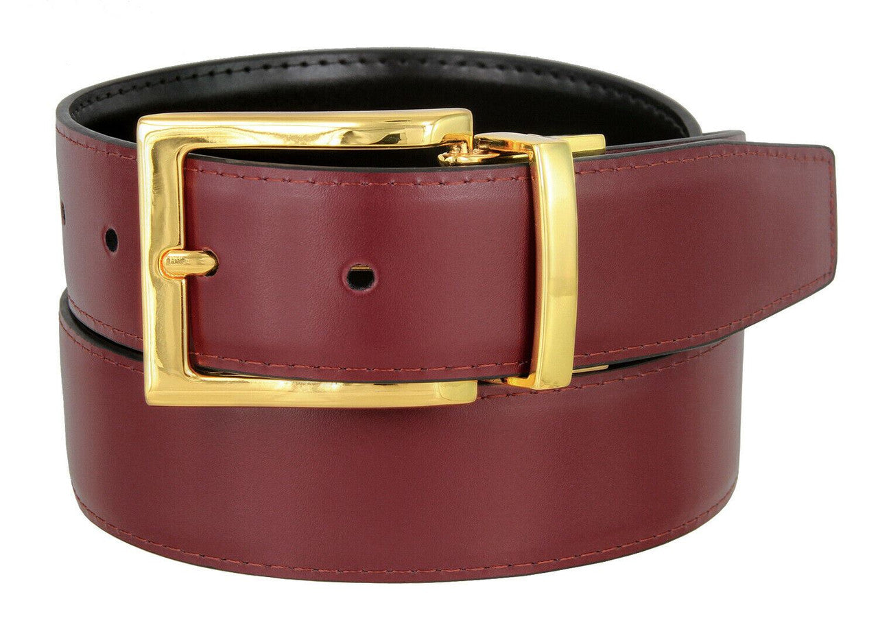 Men's Reversible Belt Gold Buckle Genuine Leather Dress Casual Belt 1-3/8"(35mm) Wide