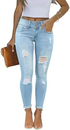 Women’s Ripped Skinny Jeans - Mid Waist Distressed Stretch Denim Pants with Raw Tassel Hem