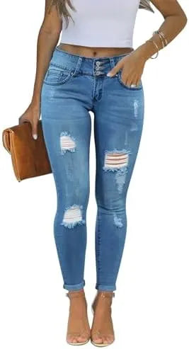 Women’s Ripped Skinny Jeans - Mid Waist Distressed Stretch Denim Pants with Raw Tassel Hem