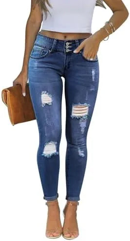 Women’s Ripped Skinny Jeans - Mid Waist Distressed Stretch Denim Pants with Raw Tassel Hem