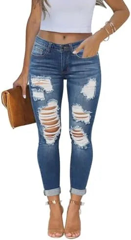 Women’s Ripped Skinny Jeans - Mid Waist Distressed Stretch Denim Pants with Raw Tassel Hem