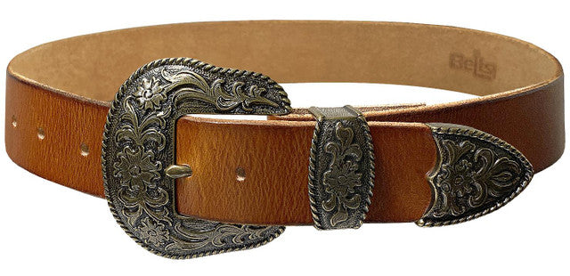 Western Antique Brass Floral Engraved Buckle Genuine Full Grain Leather Casual Jean Belt 1-1/2"(38mm) Wide