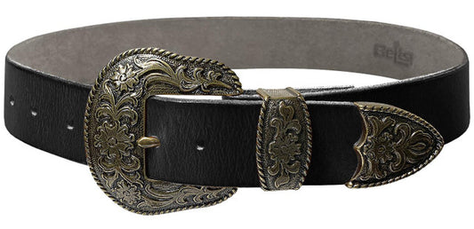 Western Antique Brass Floral Engraved Buckle Genuine Full Grain Leather Casual Jean Belt 1-1/2"(38mm) Wide