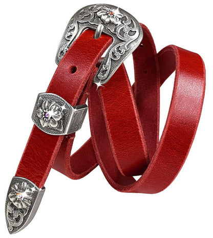 Western Rhinestone Crystal Antique Floral Engraved Buckle Genuine Full Grain Leather Casual Belt 3/4"(19mm) Wide