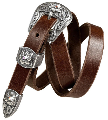 Western Rhinestone Crystal Antique Floral Engraved Buckle Genuine Full Grain Leather Casual Belt 3/4"(19mm) Wide