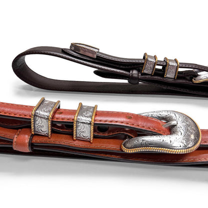 Western Ranger Belt Antique Gold Engraved Buckle Set Oil Tanned Genuine Cowhide Leather Belt