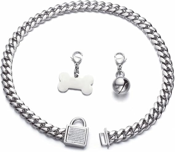 Dog Cuban Link Chain Choke Collar with CZ Buckle, ID Tag and Bell