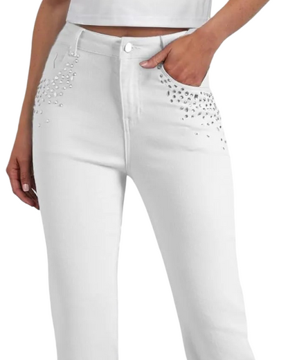 Women’s Rhinestone Straight Leg Jeans - High Waisted Stretch Wide Leg Sparkly Denim Pants