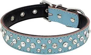 Adjustable Sparkly Crystal Studded Genuine Leather Pet Dog Collar for Small and Medium Dogs