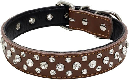 Adjustable Sparkly Crystal Studded Genuine Leather Pet Dog Collar for Small and Medium Dogs