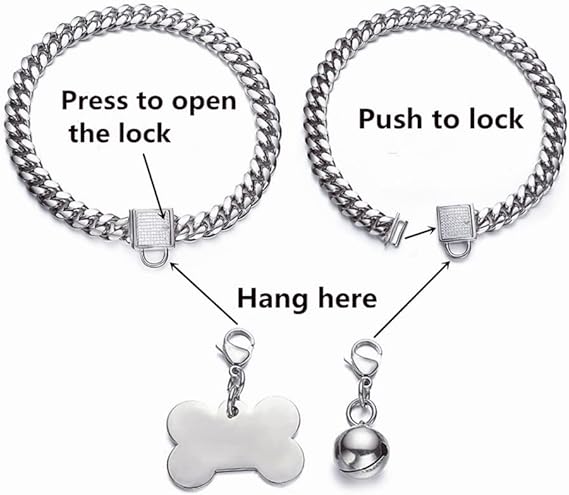 Dog Cuban Link Chain Choke Collar with CZ Buckle, ID Tag and Bell