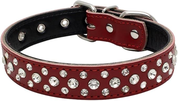 Adjustable Sparkly Crystal Studded Genuine Leather Pet Dog Collar for Small and Medium Dogs