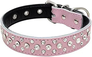 Adjustable Sparkly Crystal Studded Genuine Leather Pet Dog Collar for Small and Medium Dogs