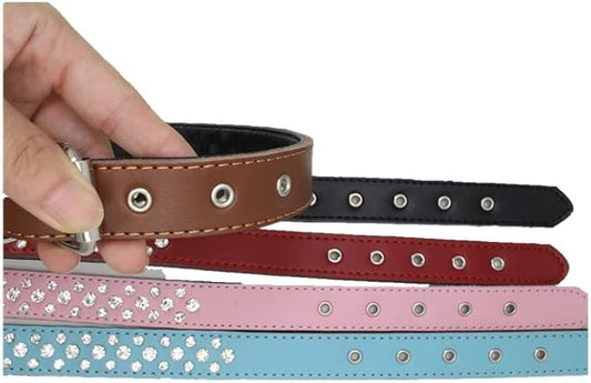 Adjustable Sparkly Crystal Studded Genuine Leather Pet Dog Collar for Small and Medium Dogs