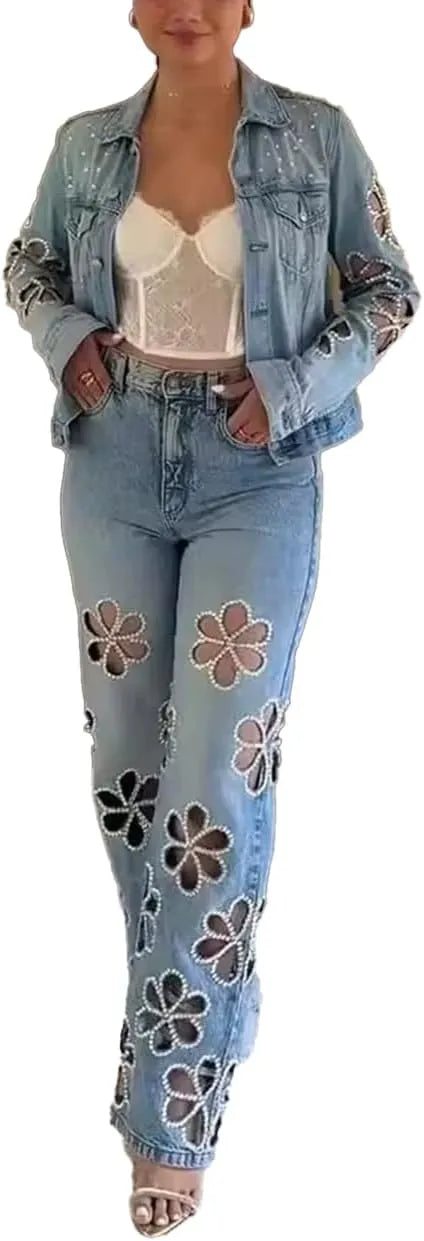 Y2K Rhinestone Denim Jacket & Pants Set for Women - Sparkly Two-Piece Streetwear Outfit