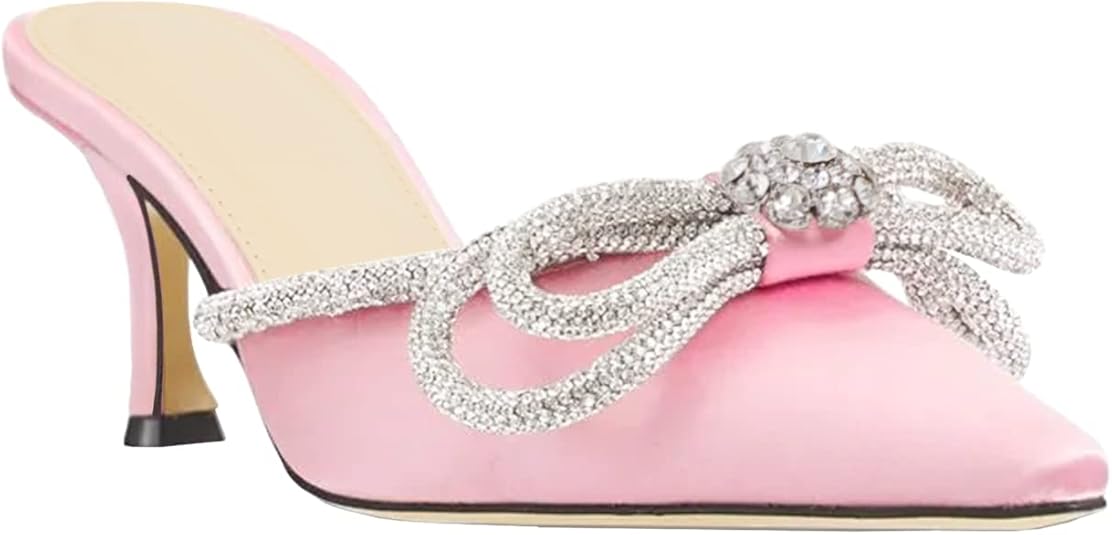 Women's Closed Pointed Toe Rhinestone Bowknot Low Kitten Heeled Sandals