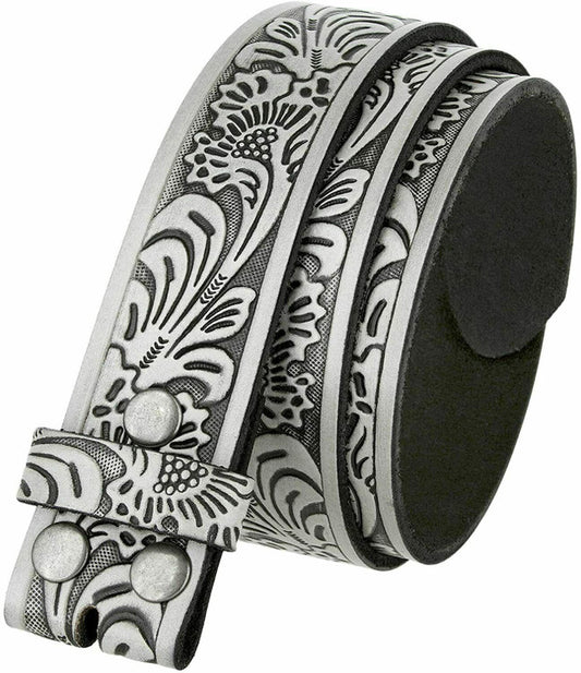 BS220 Western Floral Engraved Embossed Tooled Genuine Leather Belt Strap with Snaps on 1-1/2"(38mm) Wide