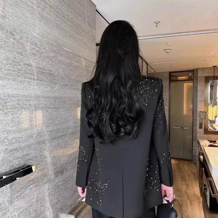 Luxury Black Rhinestone Double Breasted Blazer for Women - High Grade Loose Fit Suit Jacket