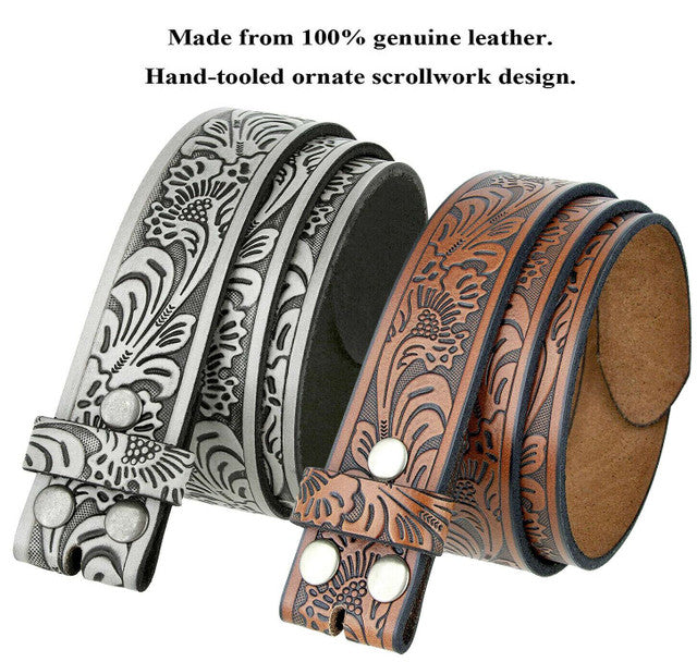 BS220 Western Floral Engraved Embossed Tooled Genuine Leather Belt Strap with Snaps on 1-1/2"(38mm) Wide