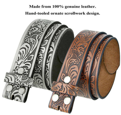 BS220 Western Floral Engraved Embossed Tooled Genuine Leather Belt Strap with Snaps on 1-1/2"(38mm) Wide