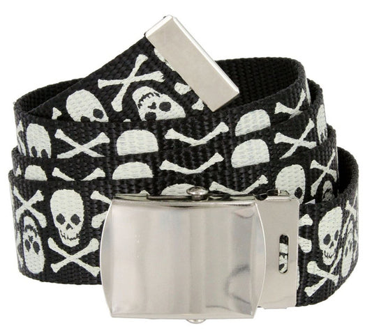 BF6273 Black Canvas Military Web Punk Belt 1-1/4"(32mm) Wide- White Skull