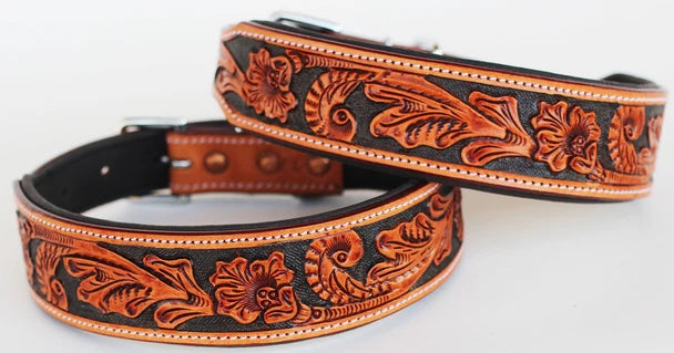 Hand Tooled Dog Puppy Collar Cow Leather Amish Made USA 6022A