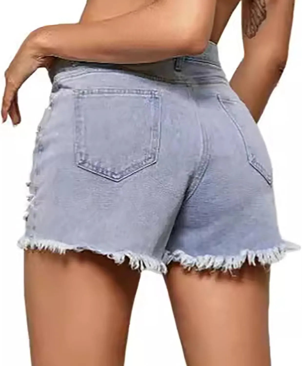 Women’s High-Waisted Denim Shorts with Rhinestone & Pearl Tassels – Frayed Raw Hem Summer Shorts