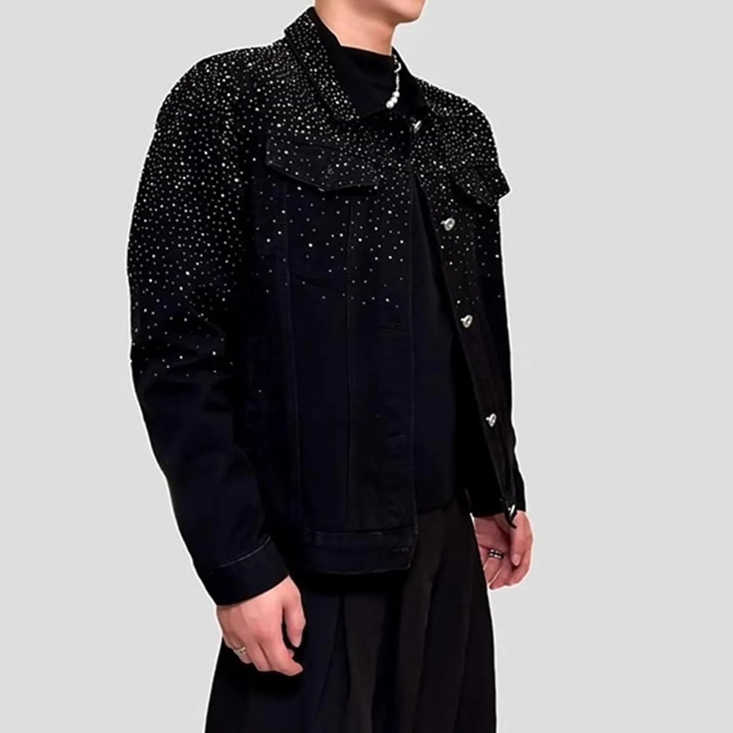 Men’s Rhinestone Jean Jacket - Slim Fit Black Denim Trucker Jacket with Sparkly Embellishments