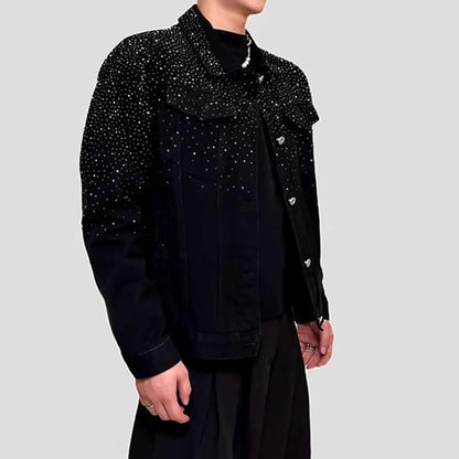 Men’s Rhinestone Jean Jacket - Slim Fit Black Denim Trucker Jacket with Sparkly Embellishments
