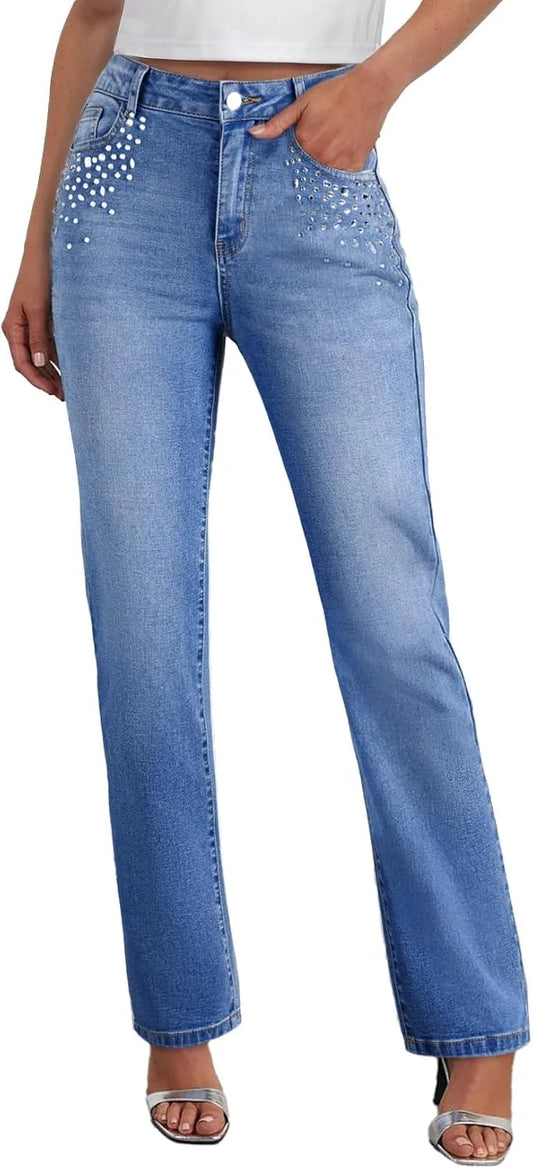 Women’s Rhinestone Straight Leg Jeans - High Waisted Stretch Wide Leg Sparkly Denim Pants