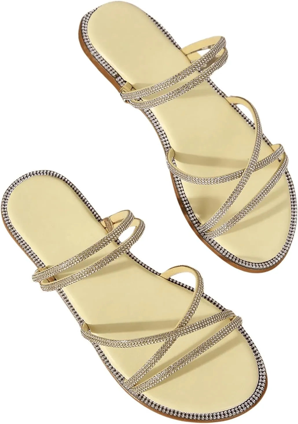 Women’s Rhinestone Strappy Flat Sandals - Sparkling Open Toe Summer Slides for Casual & Party Wear