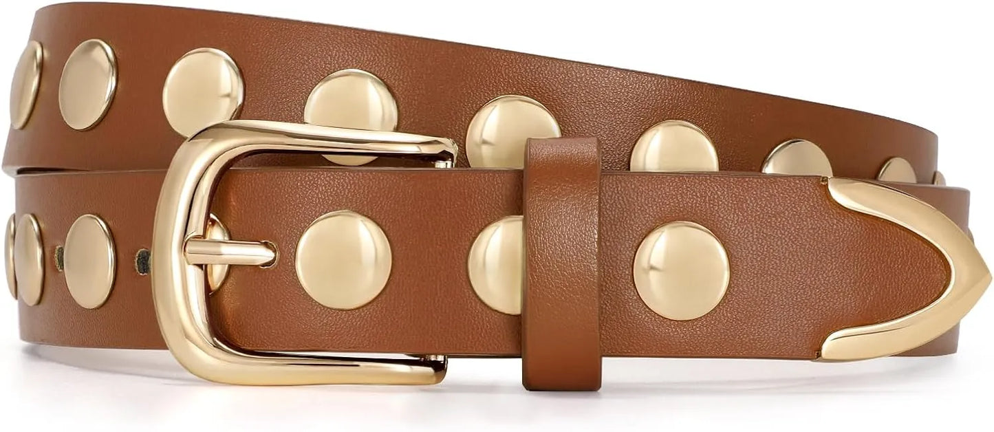 Women’s Studded Leather Belt - Punk Waist Belt with Gold Accents for Jeans, Pants, and Dresses
