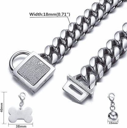 Dog Cuban Link Chain Choke Collar with CZ Buckle, ID Tag and Bell