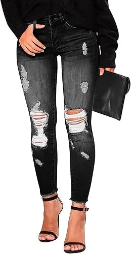 Women’s Ripped Skinny Jeans - Mid Waist Distressed Stretch Denim Pants with Raw Tassel Hem